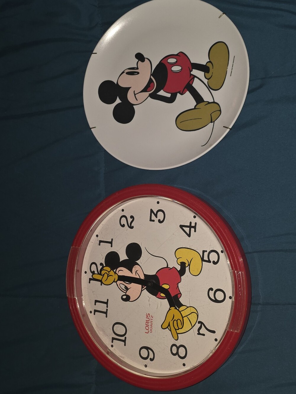 Vintage Disney Mickey Mouse Wall Clock and Plate Set - Red/Yellow/Black